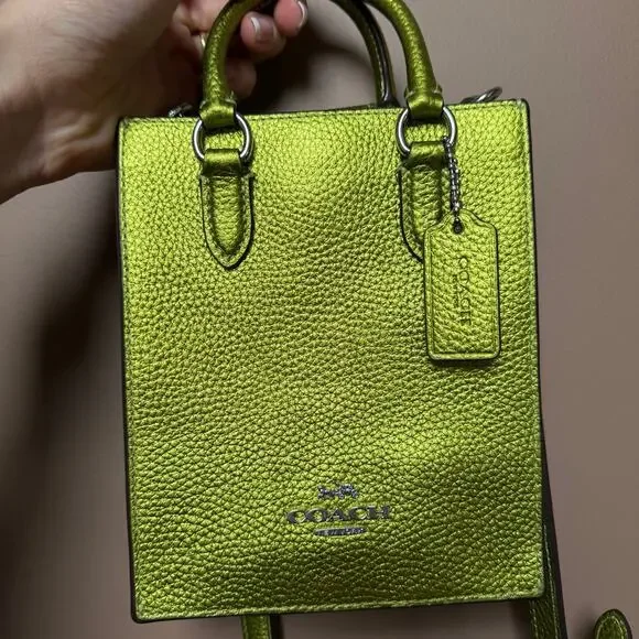 Coach North South Mini Tote Bag in a metallic neon green pebbled leather NWOT - Picture 5 of 8